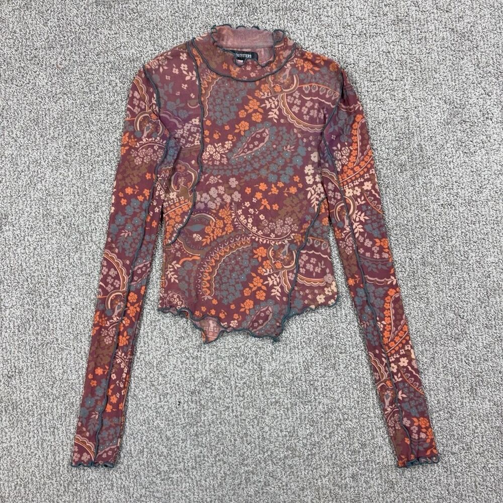 Urban Outfitters Top Women Small Brown Paisley Mesh Sheer Mock Neck Western Boho